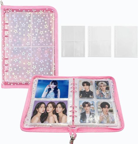 حامل بطاقات الصور A5 Kpop مع 50 ورقة بأكمام مزدوجة الجوانب لألبوم الصور بولارويد Instax الصغير، كتاب بسحاب، لعبة تجارية، حافظة بطاقات البيسبول الرياضية، 6 حلقات و4 جيوب (وردي) in Kuwait
