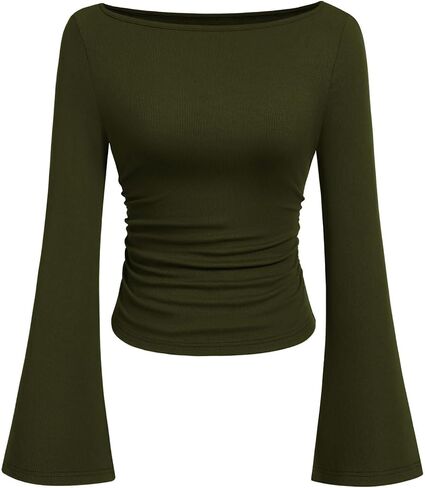 Summer Blouses for Women, Long Sleeve Solid Crop Going Out Tops Casual Boat Neck Bell Sleeve T-Shirts, S-2XL in Kuwait