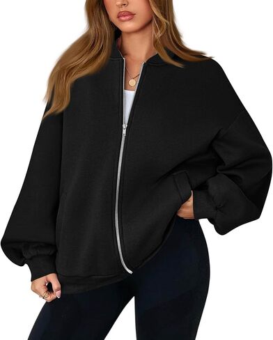 Zip Up Jacket No Hood Casual Spring Fall Lightweight Oversized Bomber Jacket Women Hoodless Sweat Jacket in Kuwait