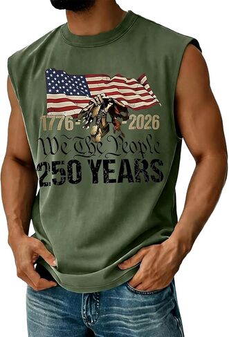 رجل الذكرى 250th الولايات المتحدة الأمريكية قميص بدون أكمام 1776-2026 الرسم أمريكا العلم الوطني تانك القمم 4th من يوليو التي شيرت in Kuwait