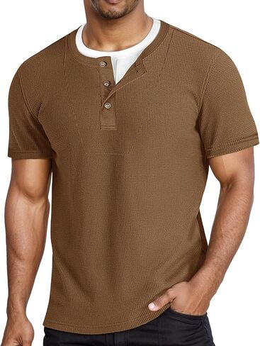 Men's Waffle Knit Henley Short Sleeve T-Shirt Mock 2 in 1 Collar Button Casual Tops Outdoor Activities Tee in Kuwait