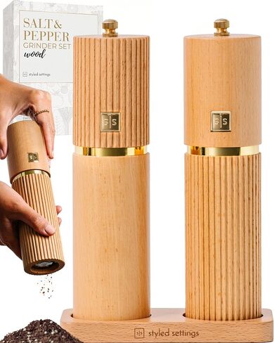 Wooden Salt and Pepper Grinder Set – Refillable Manual Salt and Pepper Mills with Adjustable Ceramic Burrs, Gold Detailing, and Wood Stand – Black and Dark Wood in Kuwait