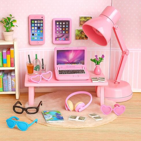 20Pcs Dollhouse Miniature Laptop Computer Tablet Phone Lamp Book Glasses Coffee Headset Simulation Accessories 1/12 1/6 Toy Pad Play Set Fits Barbie Doll Girl Mini Drink Party Office (Pink) in Saudi Arabia