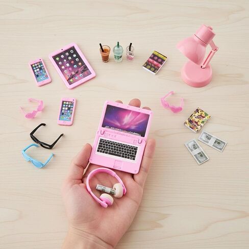 20Pcs Dollhouse Miniature Laptop Computer Tablet Phone Lamp Book Glasses Coffee Headset Simulation Accessories 1/12 1/6 Toy Pad Play Set Fits Barbie Doll Girl Mini Drink Party Office (Pink) in Saudi Arabia