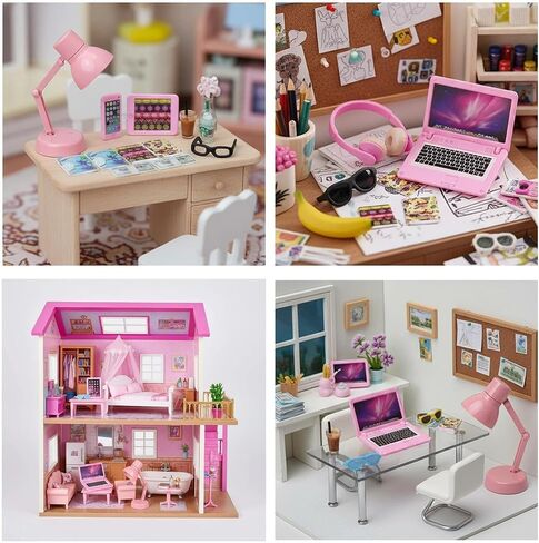 20Pcs Dollhouse Miniature Laptop Computer Tablet Phone Lamp Book Glasses Coffee Headset Simulation Accessories 1/12 1/6 Toy Pad Play Set Fits Barbie Doll Girl Mini Drink Party Office (Pink) in Saudi Arabia