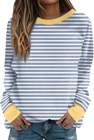 Long Sleeve Striped Shirts for Women Oversized Fall Fashion Gym Tops Dressy Casual Crewneck Sweatshirt Trendy Outfits in Kuwait
