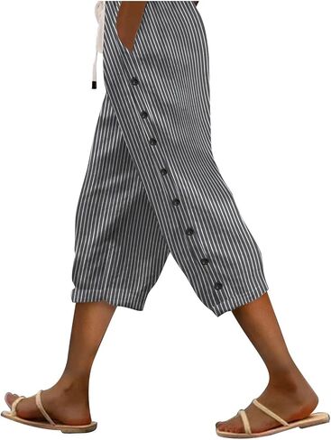 Striped Linen Pants Women Linen Capri Pants Lightweight Spring Summer Pants for Women 2025 Ladies Pinstripe Pants in Kuwait