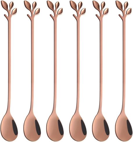 AnSaw 6-Piece Elegant Gold Leaf Long Handle Teaspoons - 7.4" | Stainless Steel Stir Spoons for Coffee & Tea, Perfect for Mixing & Stirring in Kuwait