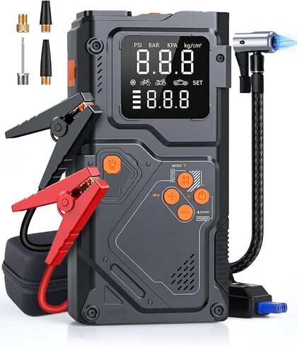 Jump Starter 12V، 5000A Jump Starter مع مضخة هواء وضاغط، صندوق القفز المحمول، شاشة LCD، ضوء الطوارئ LED، بنك الطاقة وكابلات التوصيل، لمحركات الغاز 8.5 لتر والديزل 6.5 لتر in Kuwait