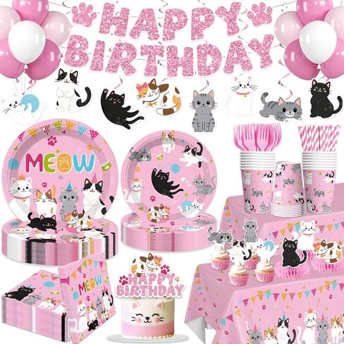 213pcs Cat Birthday Decorations, Complete Paper Tableware Set Includes 350gsm Plates 24 Cupcake Toppers and 2 Waterproof Tablecloths, Cat Themed Birthday Party Decorations for 25 People in Saudi Arabia