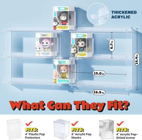 WINKINE Floating Display Shelves Compatible with 21 Funko Pop in Box, Acrylic Shelves for Wall, Clear Figures Display Case for Boxed Characters, Stackable Toy Collectibles Figure Stand, 2 Pack(Clear) in Saudi Arabia