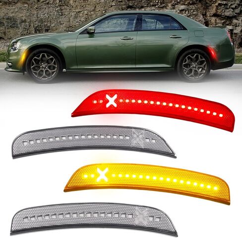 مصابيح LED للعلامات الجانبية متوافقة مع 2015-2021 Chrys-ler 300 w/X-Style Light Beam [في انتظار براءة اختراع]، مصابيح علامة المصد الخلفي الأمامي، حزمة عدسات شفافة مكونة من 4 قطع (أحمر/كهرمان) in Kuwait