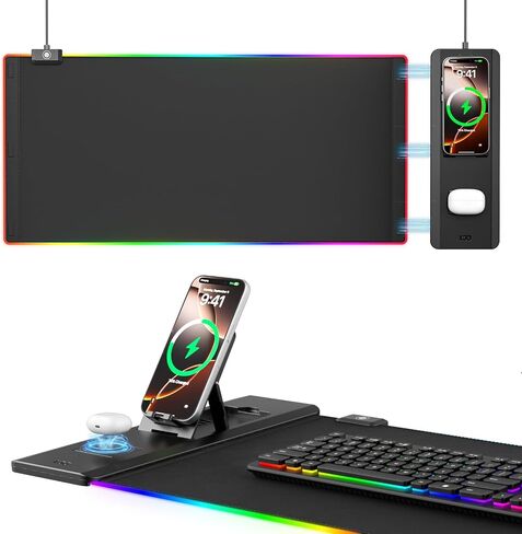 لوحة ماوس KDD مع حامل هاتف قابل للطي - قاعدة شحن لاسلكية بسرعة 15 وات - لوحة ماوس ألعاب RGB مع سطح فائق النعومة، قاعدة غير قابلة للانزلاق - حصيرة لوحة مفاتيح لملحقات مكتب ألعاب المنزل والمكتب in Kuwait