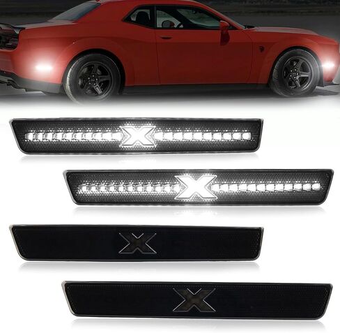LED Side Marker Lights Compatible with 2015-2020 Dodge Challenger w/ [X Style] Light Beam [Patent Pending], Front Rear Bumper Marker Lamps, White Light, Smoked Lens Pack of 4 in Saudi Arabia