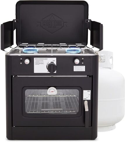 Hike Crew Outdoor Gas Camping Oven w/Carry Bag | 2-in-1 Portable Propane-Powered Stovetop & Oven w/ 2-Burner Cooktop Range, Auto Ignition, Overheat Safety Shutoff, Built-In Thermometer, Hose Regulator in Saudi Arabia