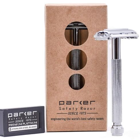 Parker 29L Blue, Long Handle Butterfly Open Double Edge Safety Razor for Men & Women, 5 Parker Premium Platinum Double Edge Razor Blades Included in Saudi Arabia