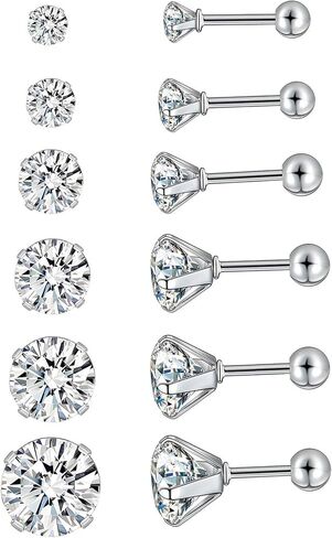 5 Pairs Round Stud Earring Set, White Gold Plated 316 Stainless Steel Hypoallergenic Cubic Zirconia Earrings Pack for Women and Men (316L Stainless Steel Earrings) in Saudi Arabia