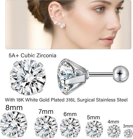 5 Pairs Round Stud Earring Set, White Gold Plated 316 Stainless Steel Hypoallergenic Cubic Zirconia Earrings Pack for Women and Men (316L Stainless Steel Earrings) in Saudi Arabia