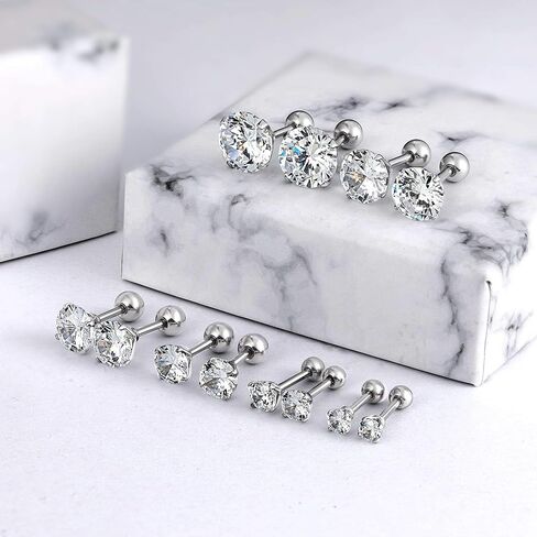 5 Pairs Round Stud Earring Set, White Gold Plated 316 Stainless Steel Hypoallergenic Cubic Zirconia Earrings Pack for Women and Men (316L Stainless Steel Earrings) in Saudi Arabia
