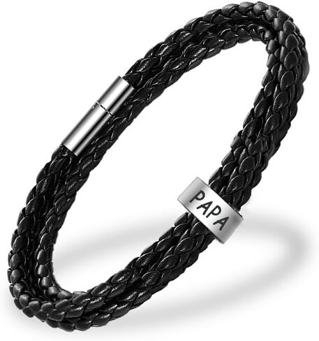Mens Leather Bracelets with 1-8 Engraved Beads Name, Custom Name Braid Bracelet Personalized Men's ID Bracelet for Dad, Grandpa in Kuwait