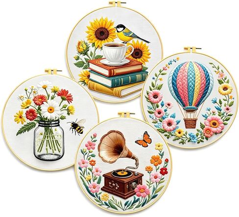 Zhenqing 4-Piece Embroidery Kit for Beginners - Complete Set with Pre-Printed 29x29cm Cotton Fabric, Hoop, Threads & Tools (Books, Hot Air Balloon, Wildflowers, Gramophone Designs)(C0159) in Saudi Arabia