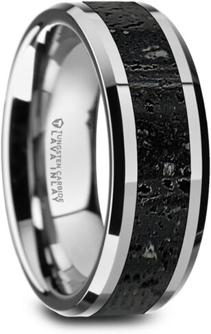 Mens Comfort Fit -Polished Tungsten Wedding Band - Black & Gray Lava Rock Stone Inlay - Polished Beveled Edges - 8mm Wide - Style name: KILAUEA in Saudi Arabia