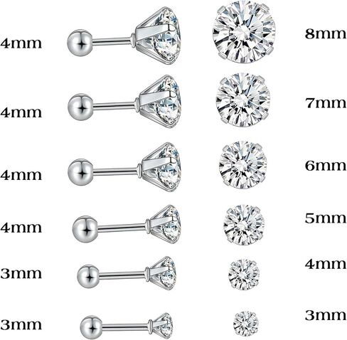 6 Pairs 316 Surgical Stainless Steel Stud Earring Pack, 18K White Gold Plated Round Cut Cubic Zirconia Earring for Women Men in Saudi Arabia