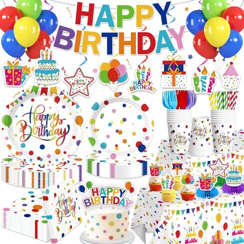 Xynic 214 PCS Colorful Happy Birthday Decorations, Colorful Dots Party Supplies With Banner, Cake Topper, Plates and Napkins, Happy Birthday Decorations for Boys and Girls, Serves 25 Guests in Saudi Arabia