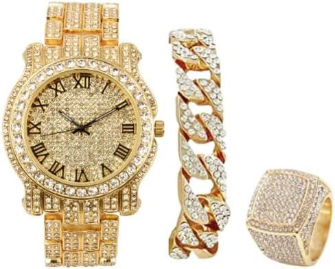 ساعة Bling-ed Out دائرية فاخرة للرجال مع سوار Bling-ed Out الكوبي وخاتم Iced King - L0504 BR مجموعة من 3 قطع in Kuwait