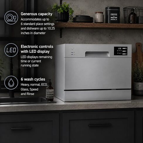 SPT SD-2225DS Compact Countertop Dishwasher/Delay Start Energy Star Portable Dishwasher with Stainless Steel Interior and 6 Place Settings Rack Silverware Basket/Apartment Office Home Kitchen, Silver in Kuwait