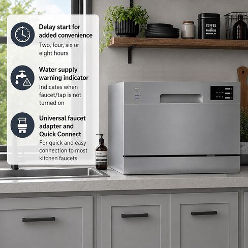 SPT SD-2225DS Compact Countertop Dishwasher/Delay Start Energy Star Portable Dishwasher with Stainless Steel Interior and 6 Place Settings Rack Silverware Basket/Apartment Office Home Kitchen, Silver in Kuwait