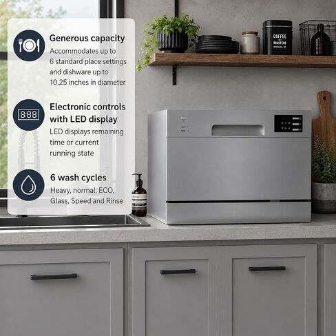 SPT SD-2225DS Compact Countertop Dishwasher/Delay Start Energy Star Portable Dishwasher with Stainless Steel Interior and 6 Place Settings Rack Silverware Basket/Apartment Office Home Kitchen, Silver in Kuwait