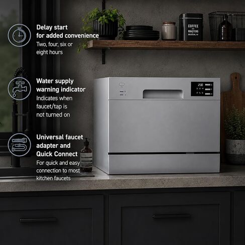 SPT SD-2225DS Compact Countertop Dishwasher/Delay Start Energy Star Portable Dishwasher with Stainless Steel Interior and 6 Place Settings Rack Silverware Basket/Apartment Office Home Kitchen, Silver in Kuwait