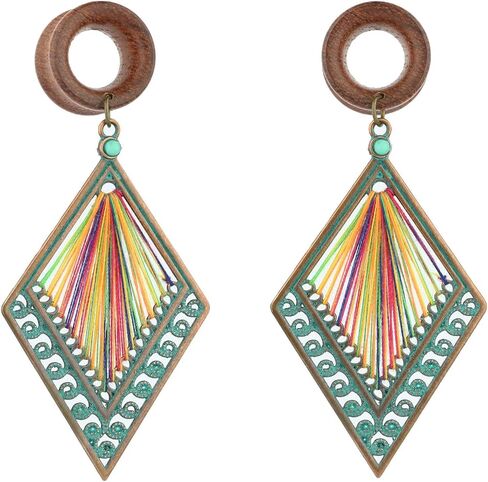 Balala 8mm-22mm Verdigris Antique Brass Rhombus Dangle Wood Ear Gauges Piercing Flesh Tunnels Plugs Statement Earrings in Saudi Arabia