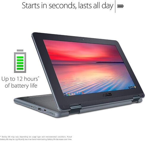 ASUS Chromebook Flip C213SA-YS02 مقاس 11.6 بوصة مقاوم للانسكاب ومقاوم للانسكاب، شاشة لمس، Intel ثنائي النواة Apollo Lake N3350، ذاكرة وصول عشوائي DDR4 سعة 4 جيجابايت، وحدة تخزين فلاش سعة 32 جيجابايت، USB من النوع C، يدعم تطبيقات Android in Kuwait