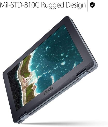 ASUS Chromebook Flip C213SA-YS02 مقاس 11.6 بوصة مقاوم للانسكاب ومقاوم للانسكاب، شاشة لمس، Intel ثنائي النواة Apollo Lake N3350، ذاكرة وصول عشوائي DDR4 سعة 4 جيجابايت، وحدة تخزين فلاش سعة 32 جيجابايت، USB من النوع C، يدعم تطبيقات Android in Kuwait