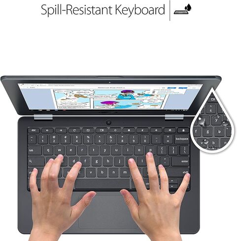 ASUS Chromebook Flip C213SA-YS02 مقاس 11.6 بوصة مقاوم للانسكاب ومقاوم للانسكاب، شاشة لمس، Intel ثنائي النواة Apollo Lake N3350، ذاكرة وصول عشوائي DDR4 سعة 4 جيجابايت، وحدة تخزين فلاش سعة 32 جيجابايت، USB من النوع C، يدعم تطبيقات Android in Kuwait