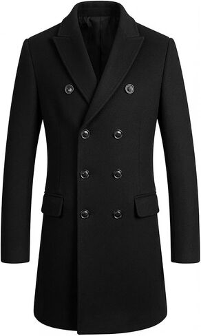 VearFit Men's Double Breast Fantrum Four Button Trench Coat Wool Blend Black, Gray Pea Coat in Kuwait