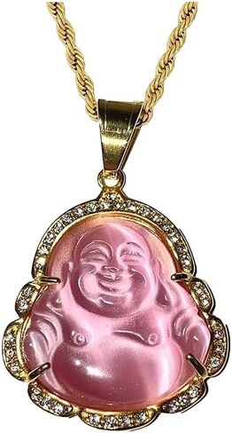 Laughing Buddha Pink Jade Pendant – Iced Diamond Necklace with Rope Chain, 14k Gold Plated, Certified Grade A Jadeite Spiritual Healing Jewelry in Saudi Arabia