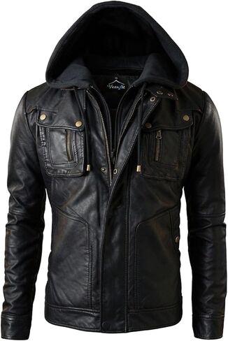 VearFit Styliyano Men Black Biker Motorcycle Real Leather Jacket Detachable Hood in Kuwait