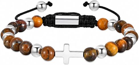 Mens Bead Bracelet, 8mm Adjustable Natural Stone Tiger Eye Beaded Bracelet Cross Bracelets for Men Women in Kuwait