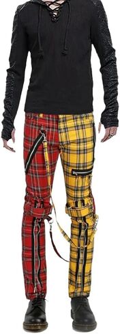 Prime Quality Men Bondage Straps Punk Split Leg Plaid Jeans Pant Alternative Rebel Rock Emo in Kuwait