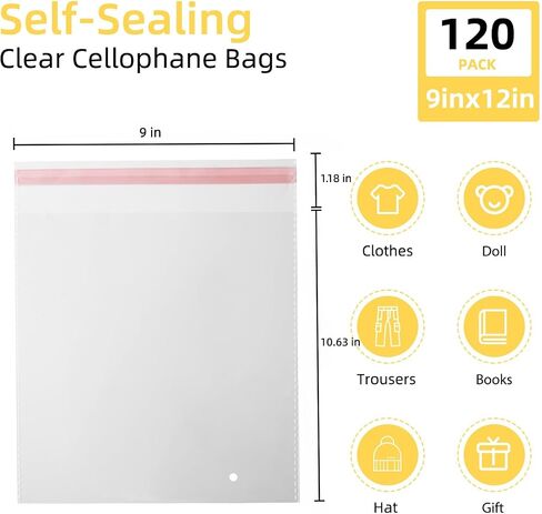 zzwjhpak Cellophane Bags, 120 Pcs Resealable Clear Poly Bags for Clothes, Party Favors, Artwork & Decorative Wrappers(9 * 12) in Kuwait