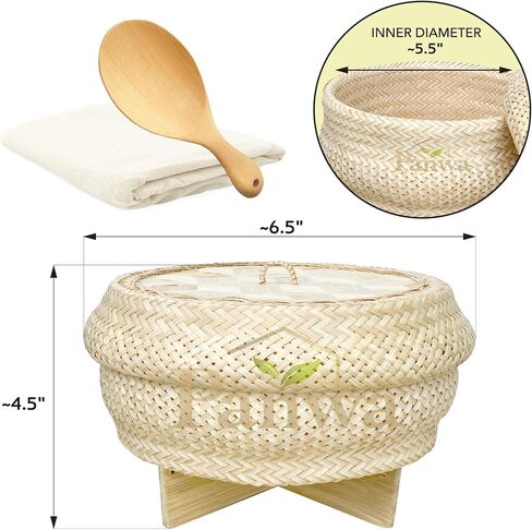 Handmade 100% Natural Thai Bamboo Sticky Rice “Electric Cooker Steamer Set", Small Pot Insert ~ 6.5 Inch, Checkered Wicker Woven Lid, 16’’ Cheesecloth Filter, and Wooden Spoon in Saudi Arabia