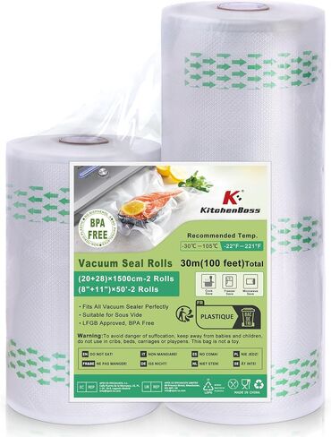 KitchenBoss Vacuum Sealer Bags Rolls: 2 Pack 8"x50' and 11"x50' Total 100 Feet Vacuum Seal Rolls for Food Saver, Sous Vide Bag Roll for Food Storage and Meal Prep in Saudi Arabia