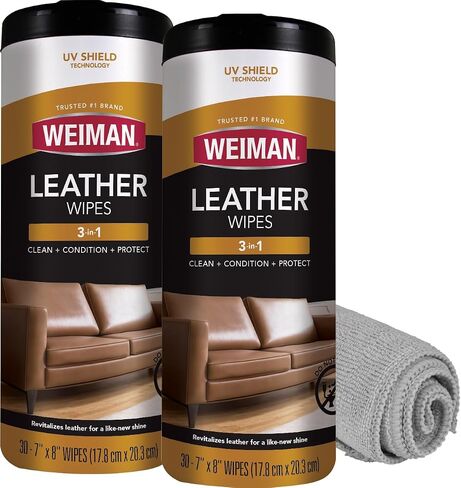 Weiman Leather Cleaner Wipes - 2 Pack with Microfiber Cloth - Clean Condition UV Protection Help Prevent Cracking or Fading of Leather Furniture, Car Interior, and Shoes in Saudi Arabia