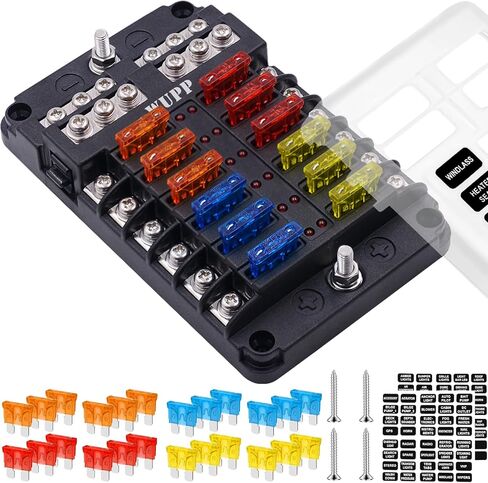 WUPP Boat Fuse Block, Marine Fuse Panel with LED Warning Indicator Damp-Proof Cover - 12 Circuits with Negative Bus Fuse Box Holder for Car Marine RV Truck DC 12-24V, Fuses Included in Kuwait