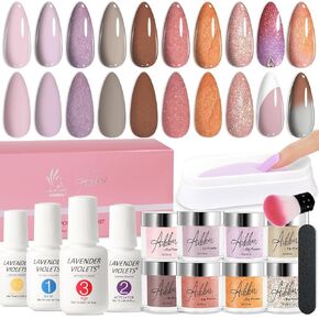 Lavender Violets 22 Pcs Dip Powder Nail Kit Starter - 16 Colors Nude Pinkish Brown Skin Tone Dipping Powder Liquid Set with Base Top Coat, Activator, Brush Saver, Nail Buffer and Powder Brush M960B in Kuwait