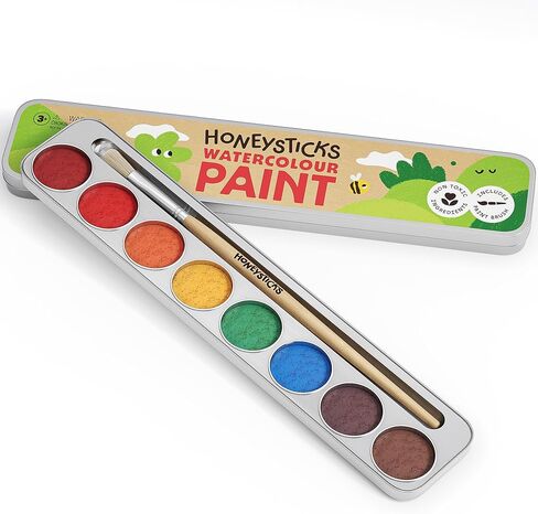 Honeysticks Non Toxic Watercolor Paint Set for Kids and Toddlers - 8 Vibrant and Long Lasting Colors with Brush - Natural and Food Grade Ingredients - Child Safe Art Supplies - Great Gift Idea in Saudi Arabia