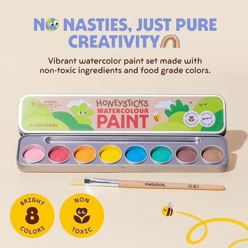 Honeysticks Non Toxic Watercolor Paint Set for Kids and Toddlers - 8 Vibrant and Long Lasting Colors with Brush - Natural and Food Grade Ingredients - Child Safe Art Supplies - Great Gift Idea in Saudi Arabia